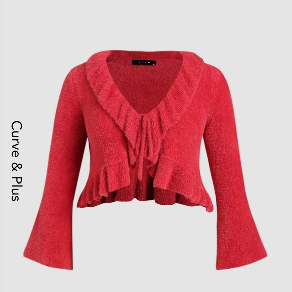 Red fuzzy crop sweater from Cider. 90s vibe, 4x